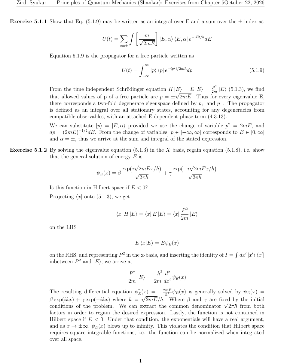 Preview of a typeset quantum mechanics exercise with equations